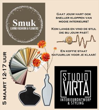 Had je 5 maart al in je agenda genoteerd? 
Vorige keer gooide corona onze plannen helemaal op zijn kop.. Maar nu doen wij poging 2! 💪🏼
Aanstaande zaterdag 5 maart vind je mij bij @smuklivingfashionflowers tussen 12 en 17 uur! 🎉
Dus kom gezellig langs, doen we een bakkie ☕️, maken wij een moodboard en kijken wat voor kleuren bij je past! En natuurlijk niet te vergeten om te shoppen in de prachtige winkel! ☺️
Het wordt een gezellig dagje! Kom je ook? 
.
.
.
#interieuradvies #interieurinspiratie #interieurstyling #kleuradvies #kleurinhuis #interieurdecoratie #kleding #bloemen #businesswomenrock #samenwerking
